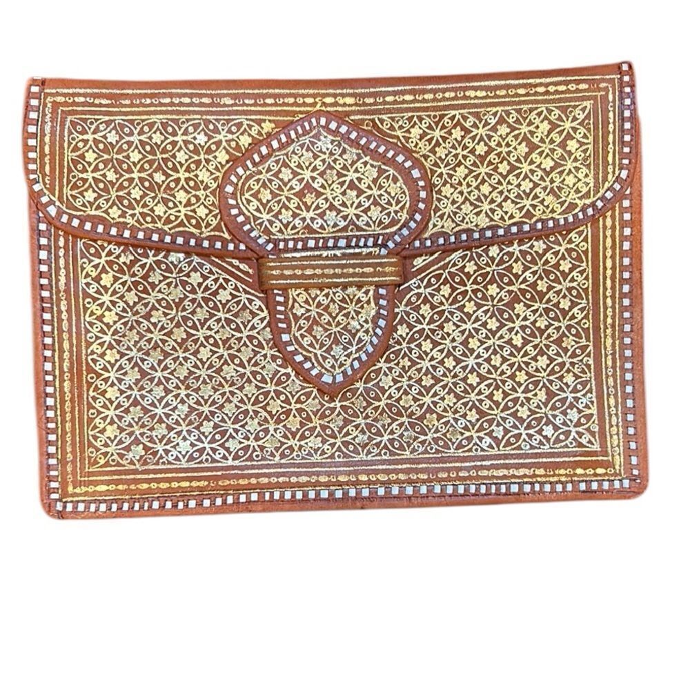 Clutch envelope Tangerine Orange Soft Leather Gold Stamped Accent White Border